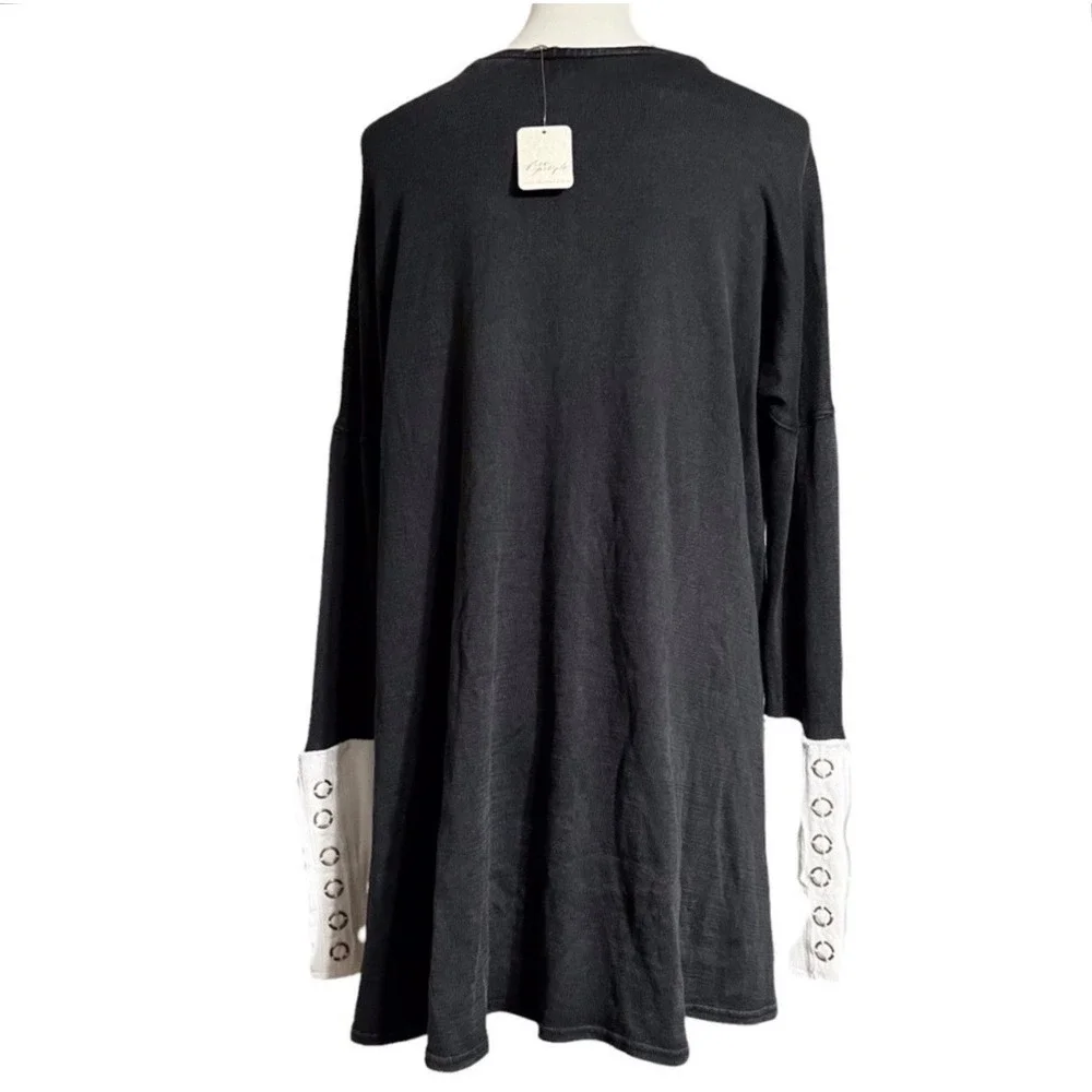 Free People Black Lace Up V Neck‎ Long Sleeve Grommet Cuff Oversized Tunic Top S